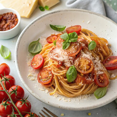 spaghetti, pasta, bolognese, tomato sauce, ground meat, fresh basil, parmesan cheese, food photography, studio lighting, high contrast, detailed, sharp focus