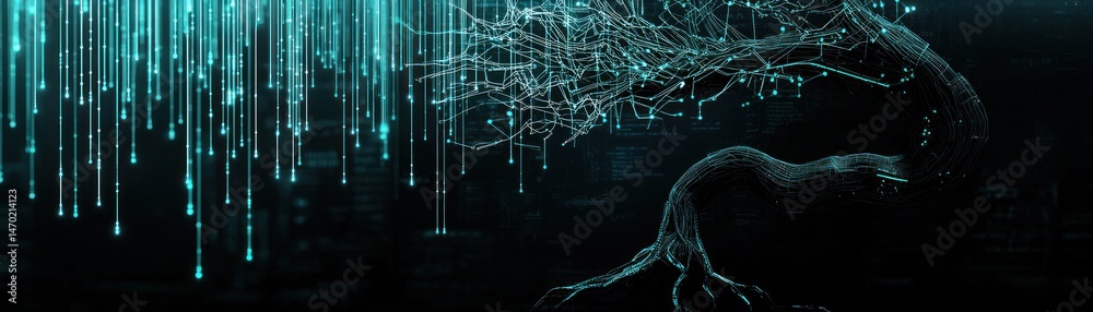 Poster An illuminated digital tree with data stream against dark background