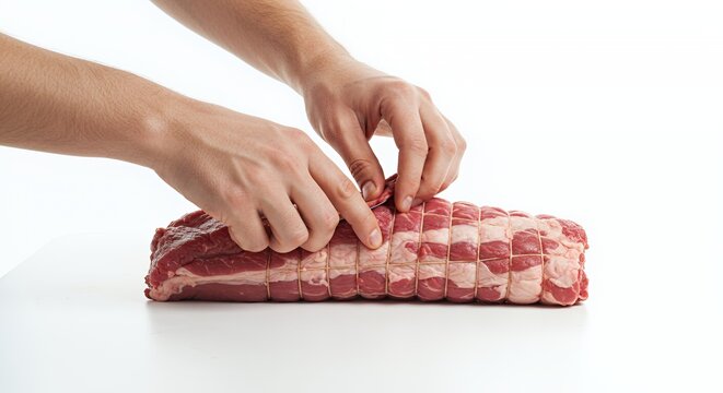 Barding of Raw Meat on White Surface with Bright Lighting by Fair Skinned Hands in Studio Shot