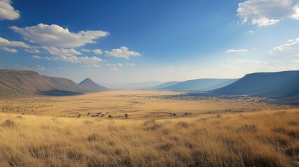 A panoramic view of a mountainous landscape featuring rolling hills and steep cliffs under a partly cloudy sky.