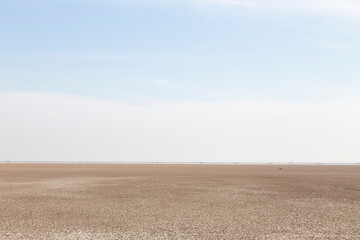 A vast, dry, cracked desert landscape stretches to the horizon under a clear blue sky. The barren terrain and distant horizon evoke a sense of isolation and desolation. Bushehr, Iran.