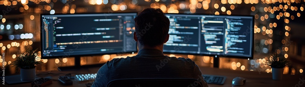 Leinwandbilder A programmer works on code displayed on multiple computer screens