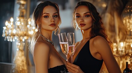 Two women, both wearing large sunglasses, smile while holding champagne flutes.
