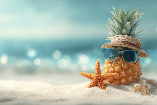 Pineapple with Sunglasses and Hat on a Beach
