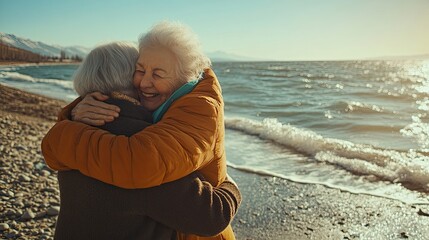 An elderly couple stands together by the beach, enjoying a warm moment.