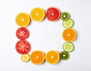 Assorted fresh fruit slices arranged in a colorful pattern on a white background, showcasing vibrant oranges, kiwis, tomatoes, and cucumbers.