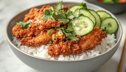 Crispy chicken over rice with cucumber and cilantro