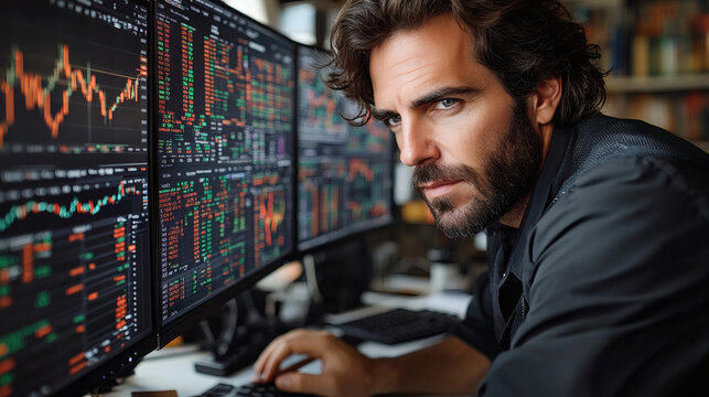 Businessman concentrating on financial data screens