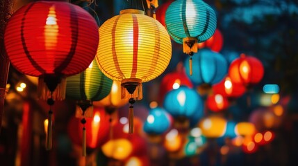 Obraz premium Colorful paper lanterns illuminated at night