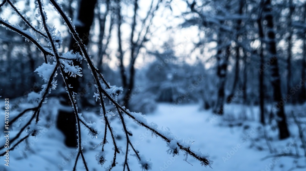 Poster winter scene of snow covered branches and a forest path