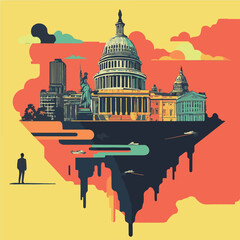 Colorful Pop Art Style Illustration Of Washington Dc Skyline With Clouds And Airplanes