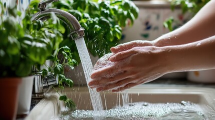 A mother and her young daughter are washing their hands at a kitchen sink.