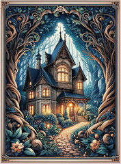 Fairy-tale cottage in the forest surrounded by flowers and trees