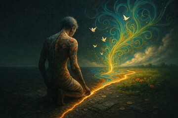 Nude figure at the boundary between darkness and light with flying birds