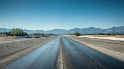 Fototapeta premium A wide highway with a yellow center line, guardrails, distant mountains, buildings, and a clear blue sky.