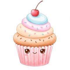 Cute Cartoon Cupcake with Pink Frosting and Cherry