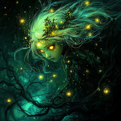 Magical fairy with glowing yellow eyes in a branched forest