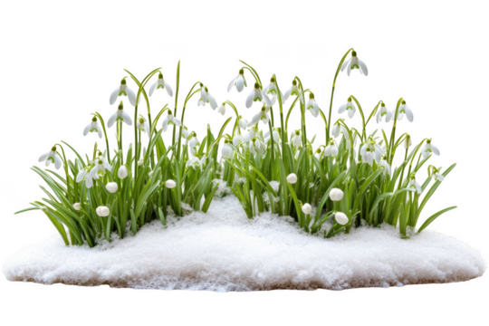 Snowdrop flowers growing in snow isolated on transparent background