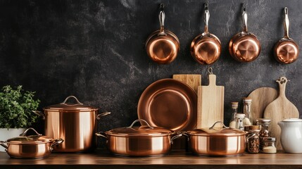 Copper cookware set displayed on a wooden countertop against a dark wall. Various sizes and shapes of pots and pans hang from the wall. Wooden cutting boards and various kitchen utensils are visible