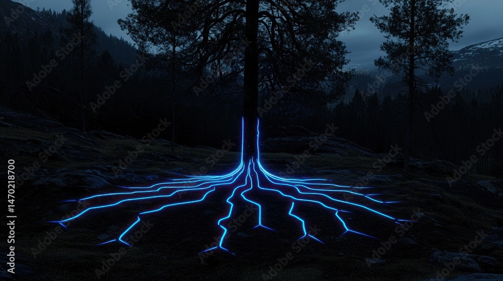 Poster a tree with vibrant glowing roots in a dark forest setting