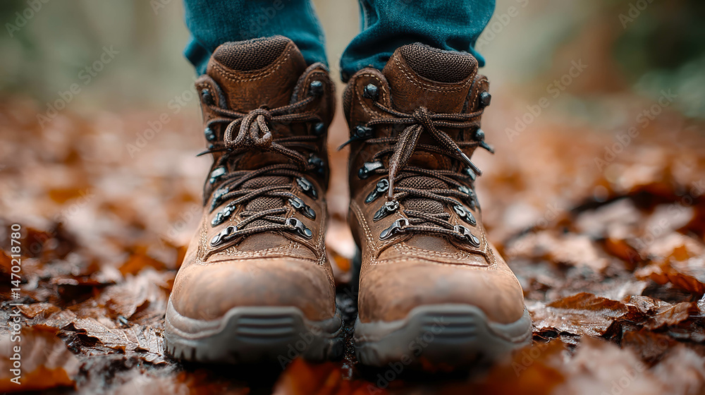 Poster close up of boots stepping on crispy autumn leaves in a colorful forest setting