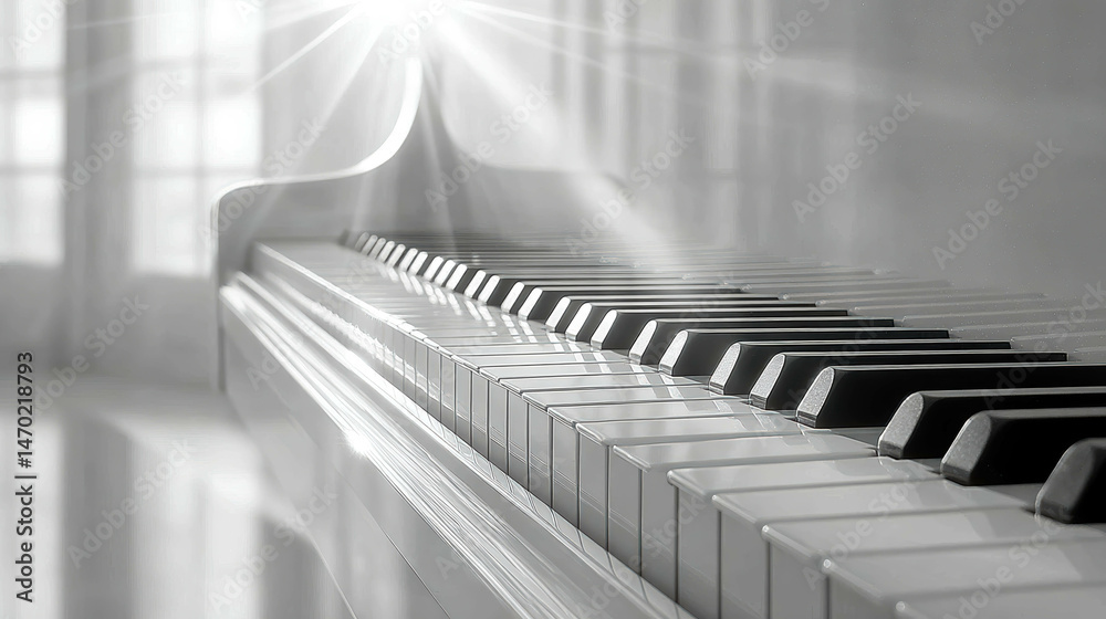 Poster Elegant Close up of Piano Keys Illuminated by Soft Sunlight Creating Tranquil Ambiance