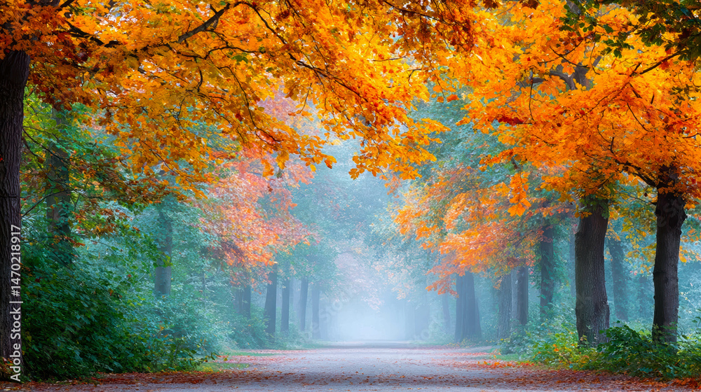 Poster crisp fall morning fog envelops a tranquil forest path adorned with golden leaves