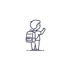 Minimalist black and white line icon of a child with a backpack, part of an early education icon set