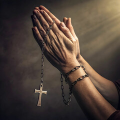praying hands with cross on chain