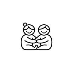 Minimalist black and white line icon of children hugging, symbol of friendship, part of a preschool icon set 