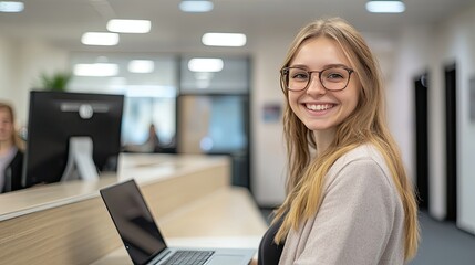 A smiling woman with long hair and glasses stands behind a modern reception desk, interacting with another woman who is turned away.