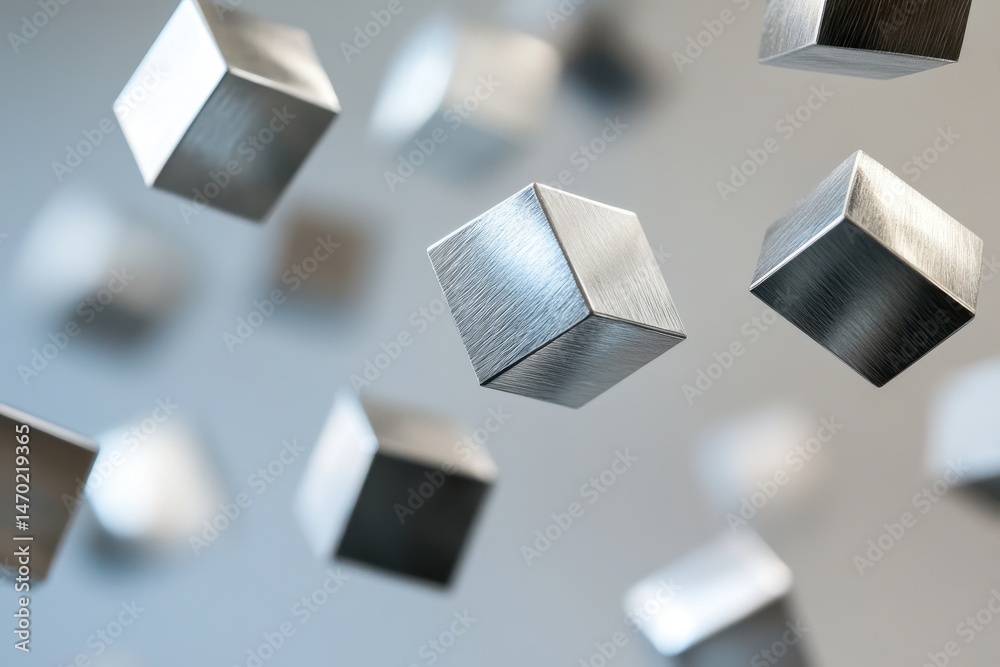 Poster floating metallic cubes with textured surfaces against a soft gray backdrop creating a sense of dept