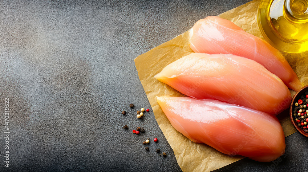 Poster raw chicken fillets neatly arranged on parchment paper with peppercorns and olive oil on countertop