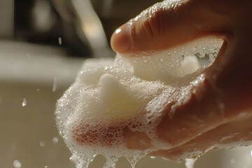 Fototapeta premium Close up of hands covered in cleansing soap, showcasing hygiene and cleanliness.