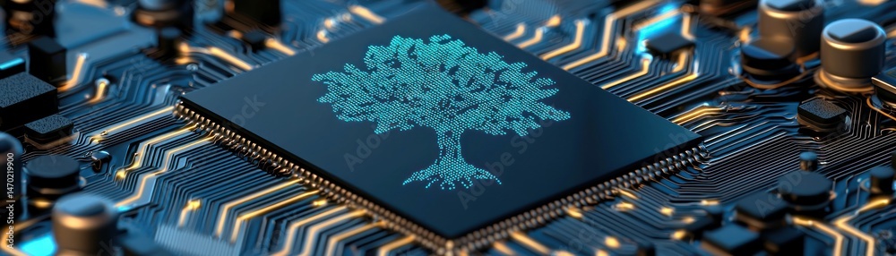 Poster A computer chip with a tree design displayed prominently on it