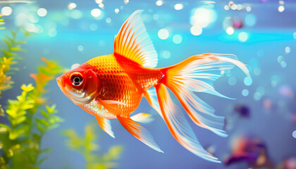 Fototapeta premium Vibrant goldfish gracefully swims in a colorful aquarium surrounded by lush vegetation