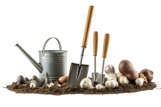Gardening tools and bulbs on soil isolated on transparent background