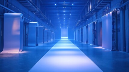 Modern industrial corridor with blue lighting and paper rolls