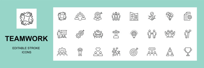 Teamwork icon set with editable stroke. Team work and business cooperation thin line icon collection. Vector illustration
