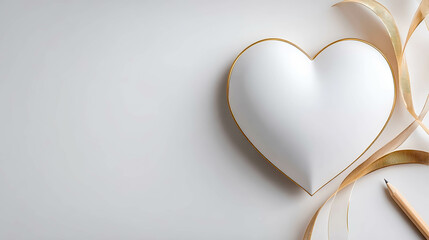 Heart Shaped Paper Cut out With a Golden Ribbon and Pencil on White Desk