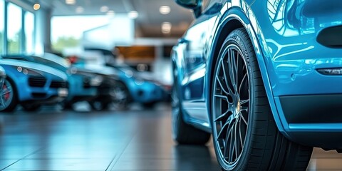 Fototapeta premium Blue luxury sports car wheel close-up in bright showroom setting.