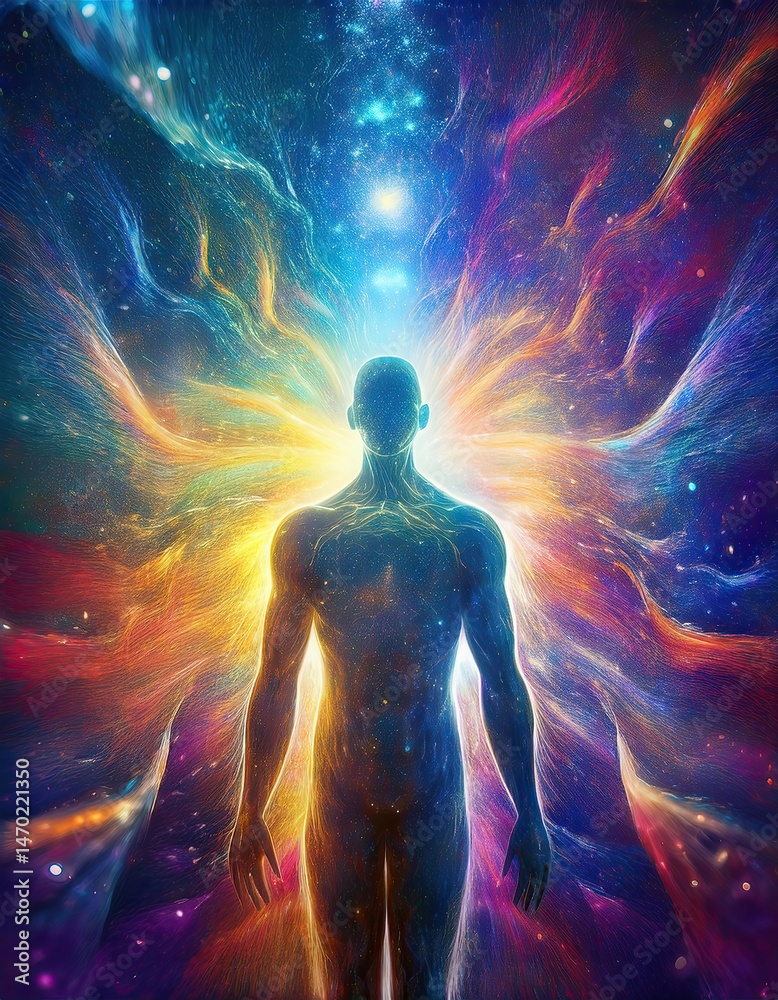 Poster surreal abstraction of a human figure immersed in a vivid cosmic dimension of shifting colors