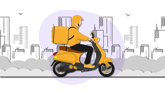 Food delivery moto scooter driver with orange backpack behind back is on his way to deliver food. Courier on scooter delivering food. Looped animation.