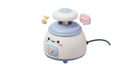 Pastel Colored Kawaii Rice Cooker 3D Render Isolated on White with a Cartoonish Smiling Face and Speech Bubble in Isometric Style
