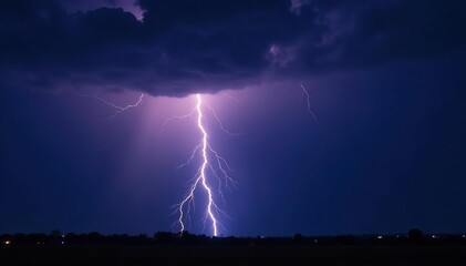 Dramatic bolt of lightning striking a dark, stormy sky at night , bright, awe, night