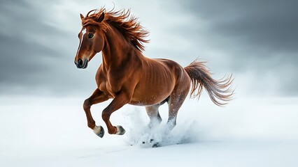 Obraz premium Brown Horse Galloping in Snow