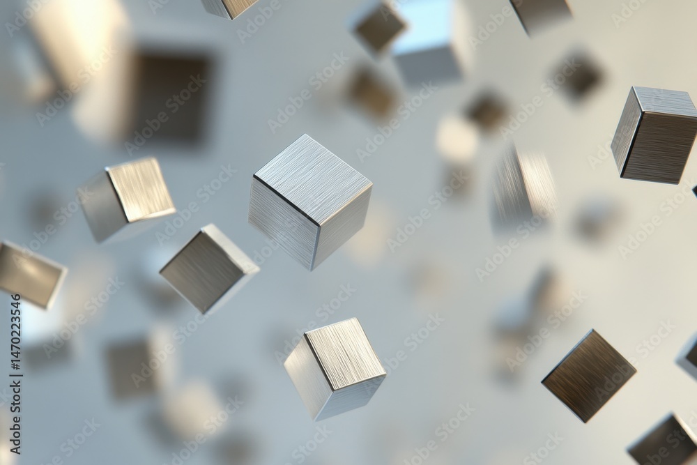 Poster abstract composition of metallic cubes floating in mid-air against a soft, blurred background with d