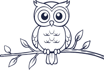 Cute Owl On Branch Line Art Illustration Bird Vector Design