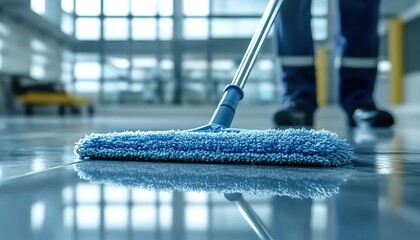 A person mopping a glossy floor with a blue-handled mop, wearing blue pants and yellow shoes in an indoor setting.