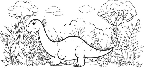 Cute Dinosaur Brontosaurus Outline In Prehistoric Landscape Coloring Page Illustration